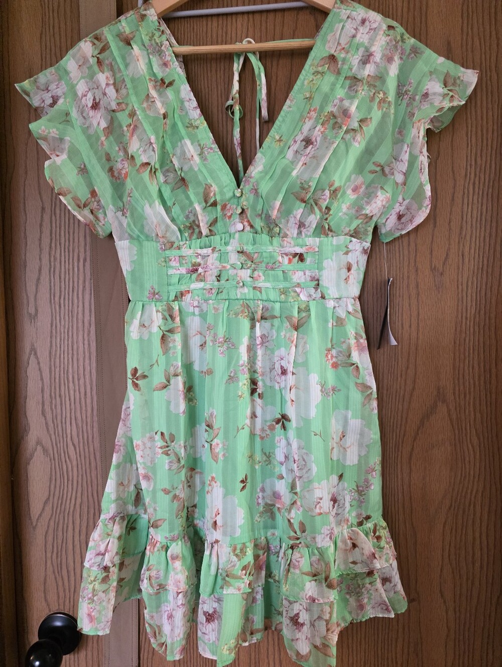 City‎ Studio Juniors Green Floral Ruffled V-Neck Dress Open Back Size M